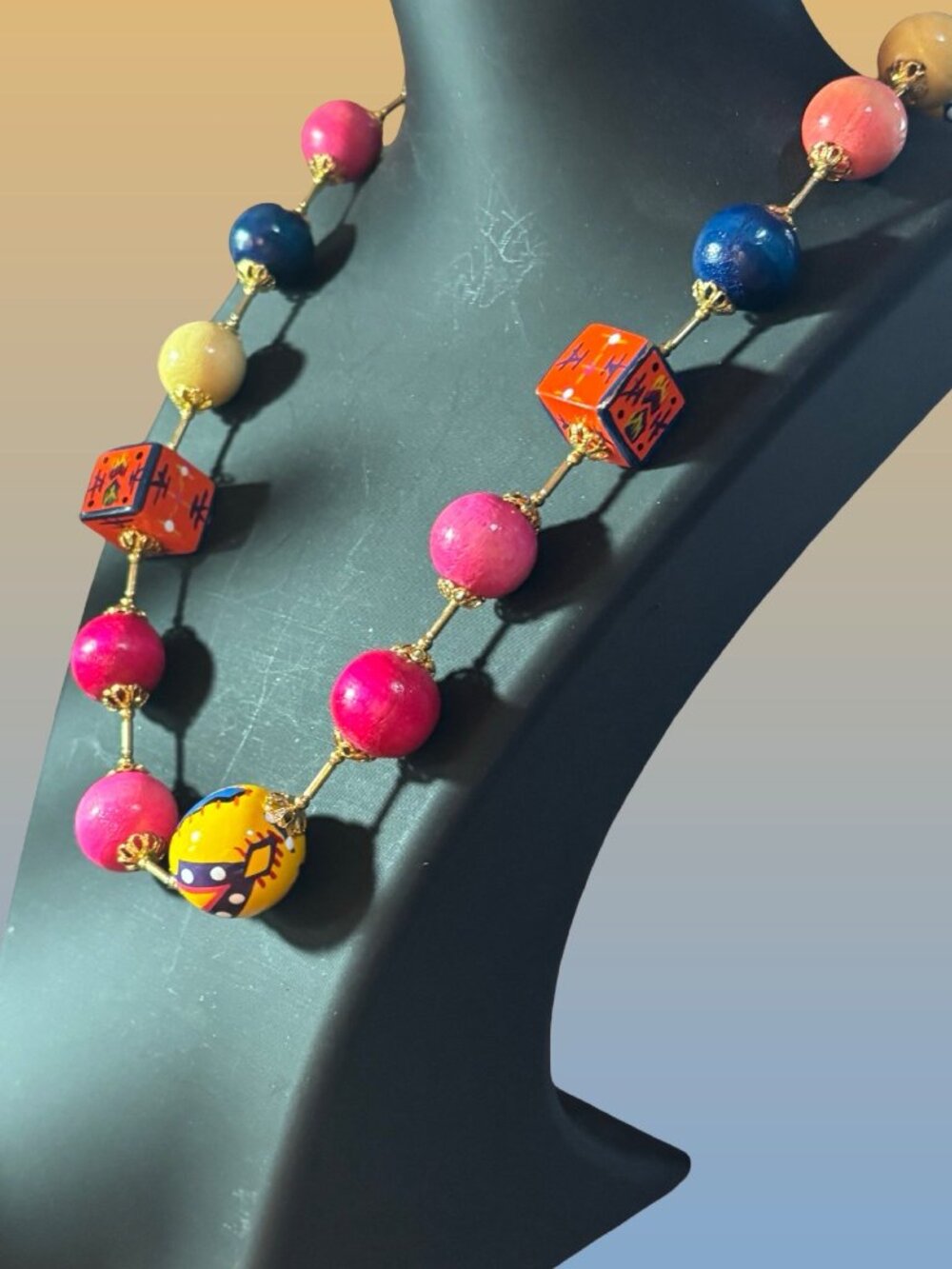 Hand-Painted Chunky Colorful Vibrant Beaded Necklace Vibrant Gold Accents - Picture 2 of 8